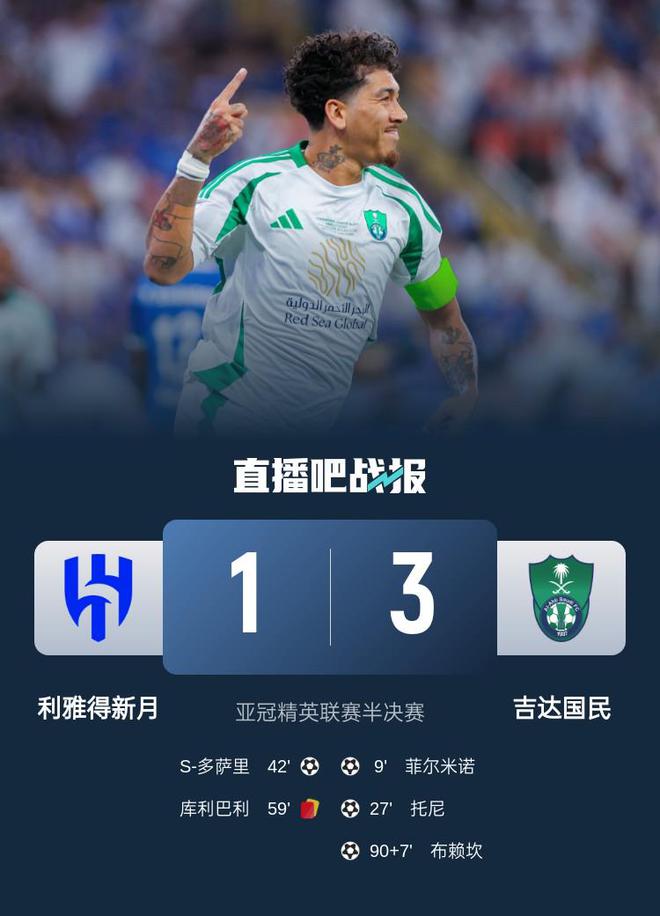 吉達國民勝出，3-1淘汰新月進亞冠決賽，菲爾米諾破門，庫利巴利紅牌