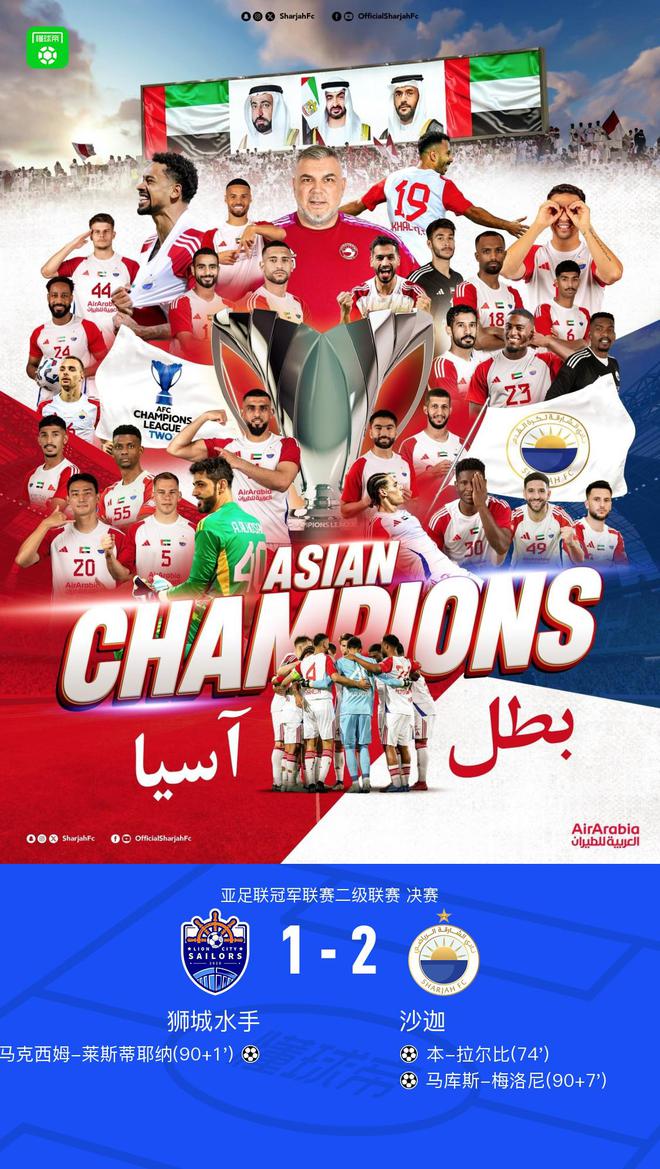 沙迦2-1奪冠亞冠二級(jí)聯(lián)賽，本拉爾比、梅洛尼立功。